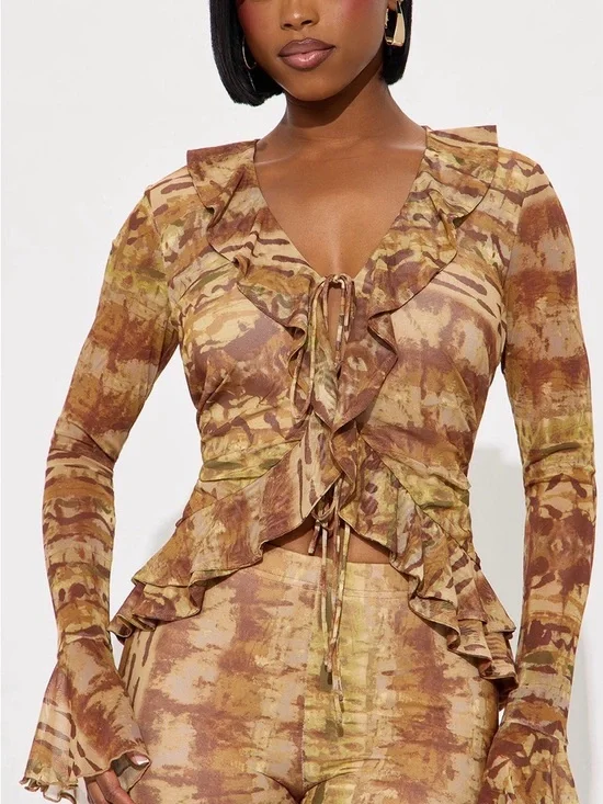 Women's Tie-Dye Flared Pants in Brown & Cream - Picture 2 of 3